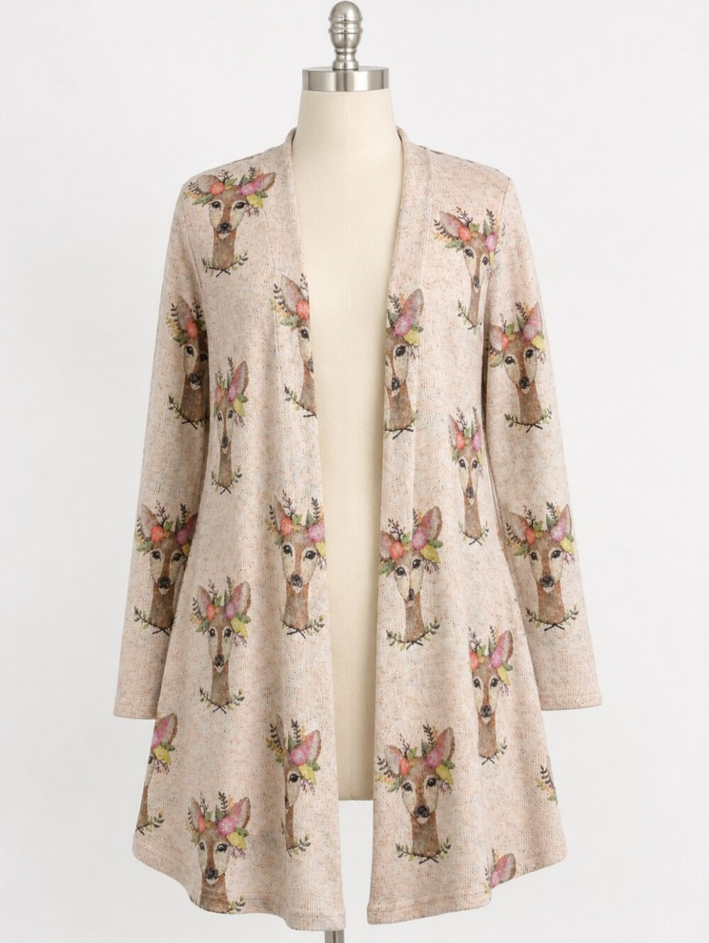 Judith March Whimsical Crown Deer Print Open Front Sweater Cardigan Woodland M